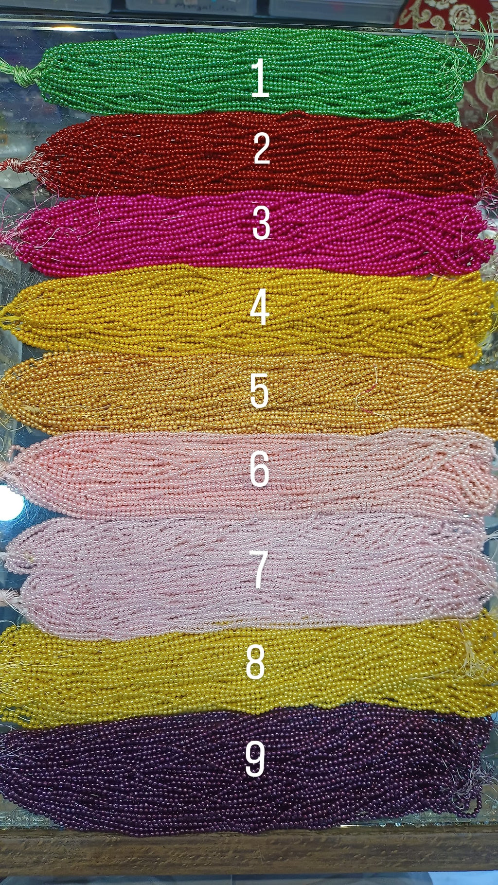 Double coated pearls || 1 bunch packing || 12 lines in a bunch || 1200 beads in a bunch || 15 colours || 3mm size ||