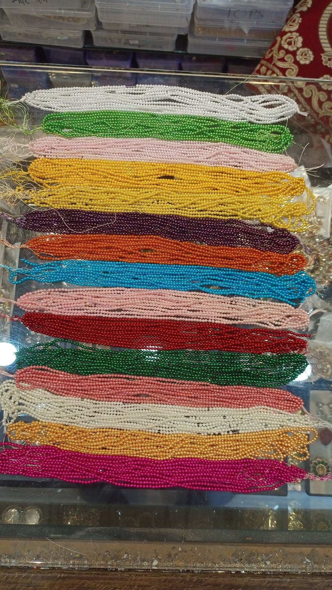 Double coated pearls || 1 bunch packing || 12 lines in a bunch || 1200 beads in a bunch || 15 colours || 3mm size ||