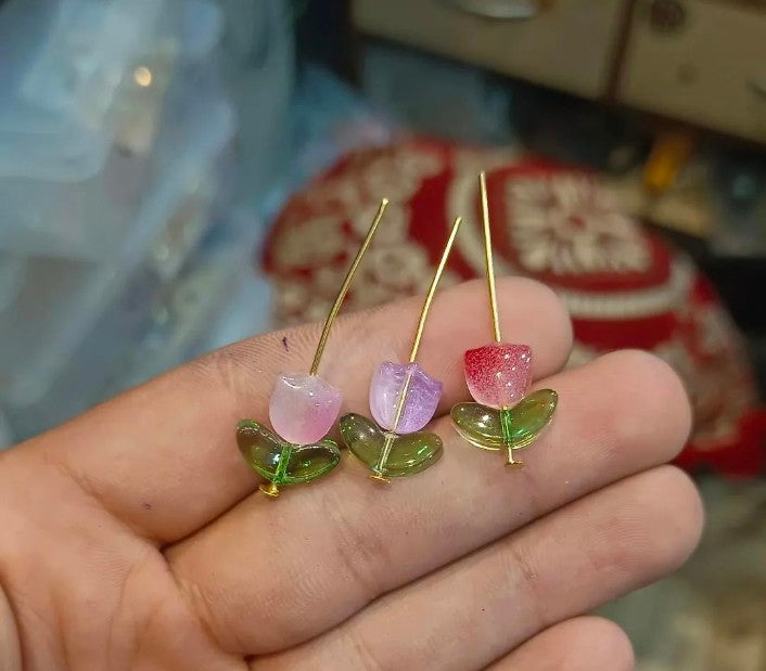 Glass tulips beads || 10 - 50 pair pack ||